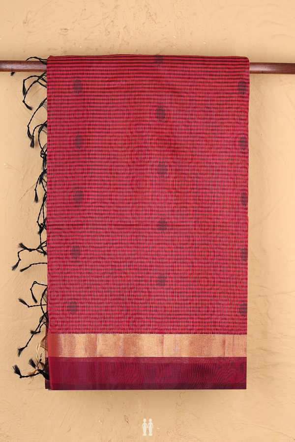 Kora Silk Cotton Saree In Red With Stripes Design