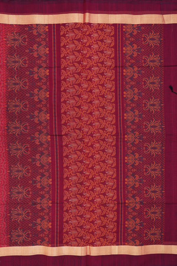 Kora Silk Cotton Saree In Red With Stripes Design