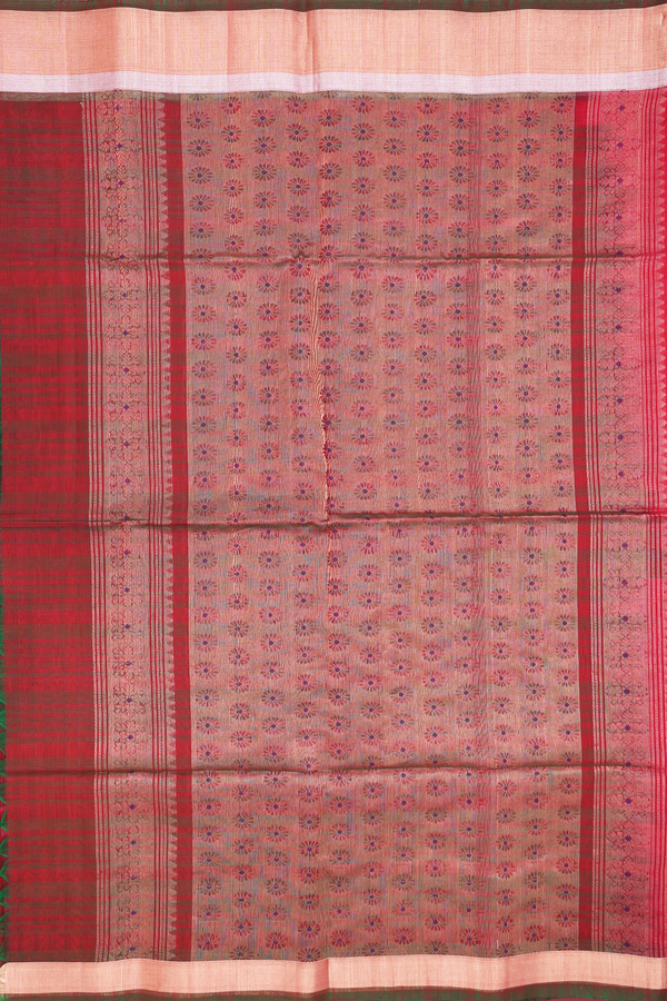 Kora Silk Cotton Saree In Red With Stripes Design