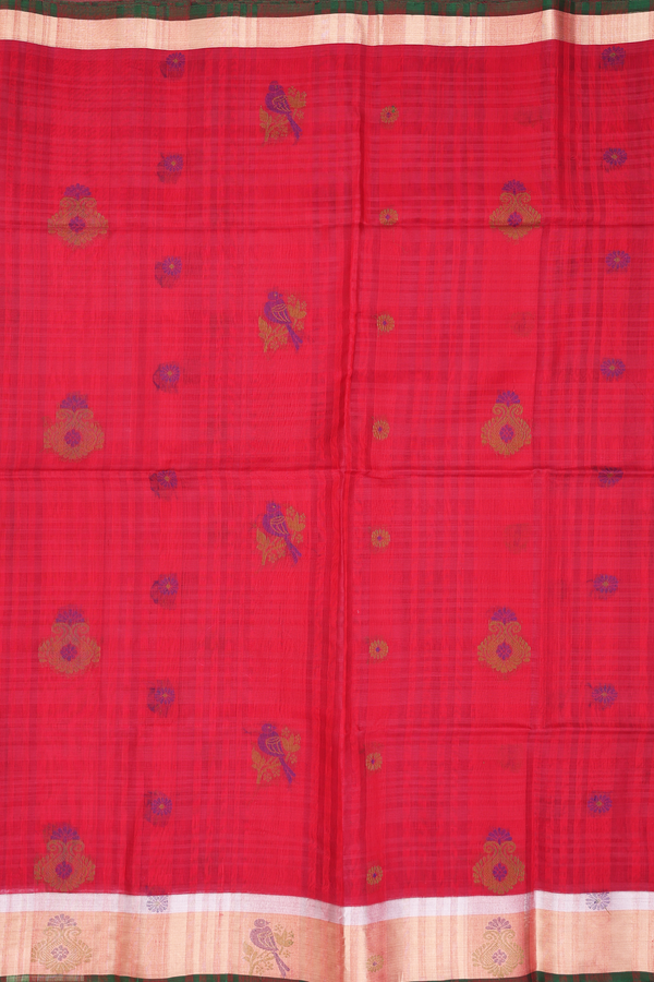 Kora Silk Cotton Saree In Red With Stripes Design