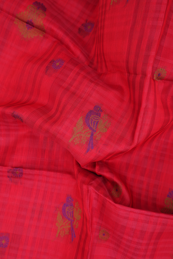 Kora Silk Cotton Saree In Red With Stripes Design