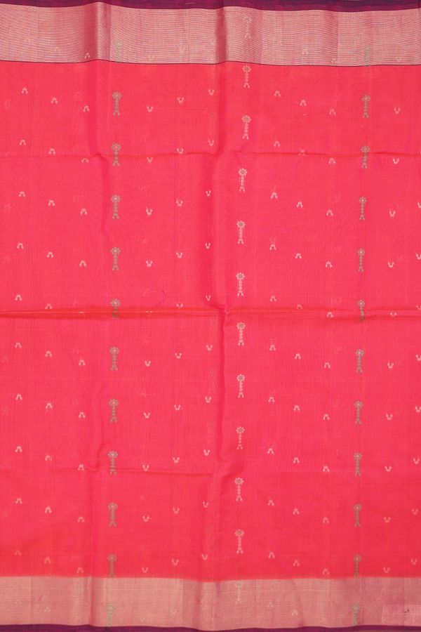 Kora Silk Cotton Saree In Reddish Pink With Allover Buttas