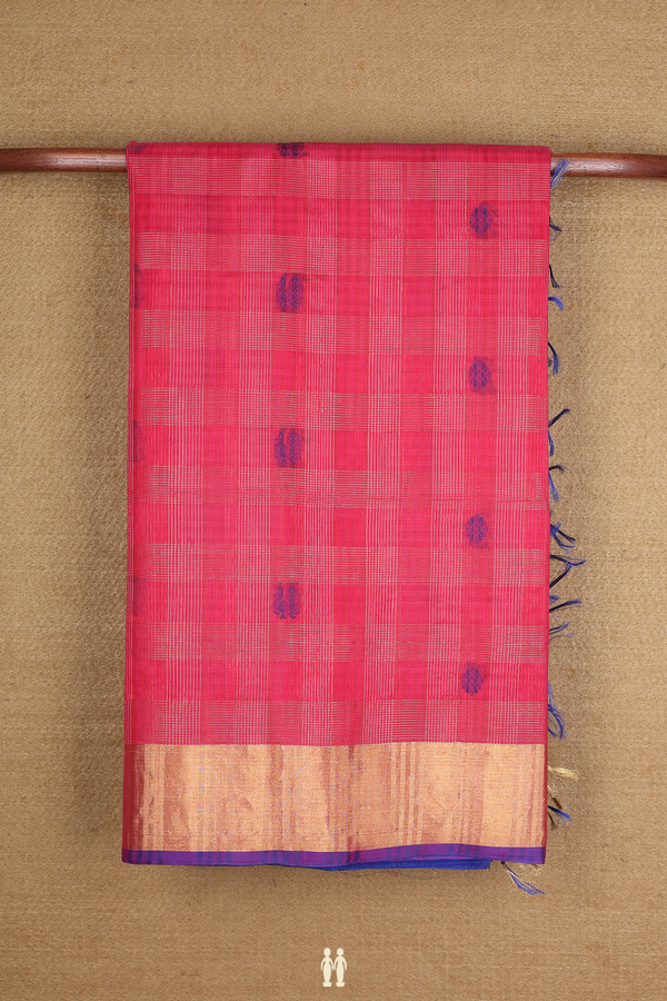 Kora Silk Cotton Saree In Rose Red With Checks Design