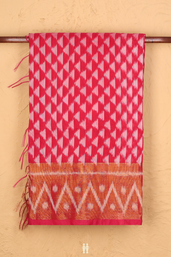 Kora Silk Cotton Saree In Rose Red With Ikat Design