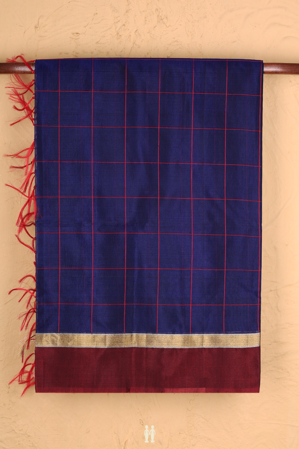 Kora Silk Cotton Saree In Royal Blue With Checks Design