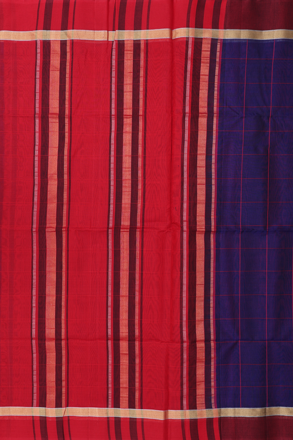 Kora Silk Cotton Saree In Royal Blue With Checks Design
