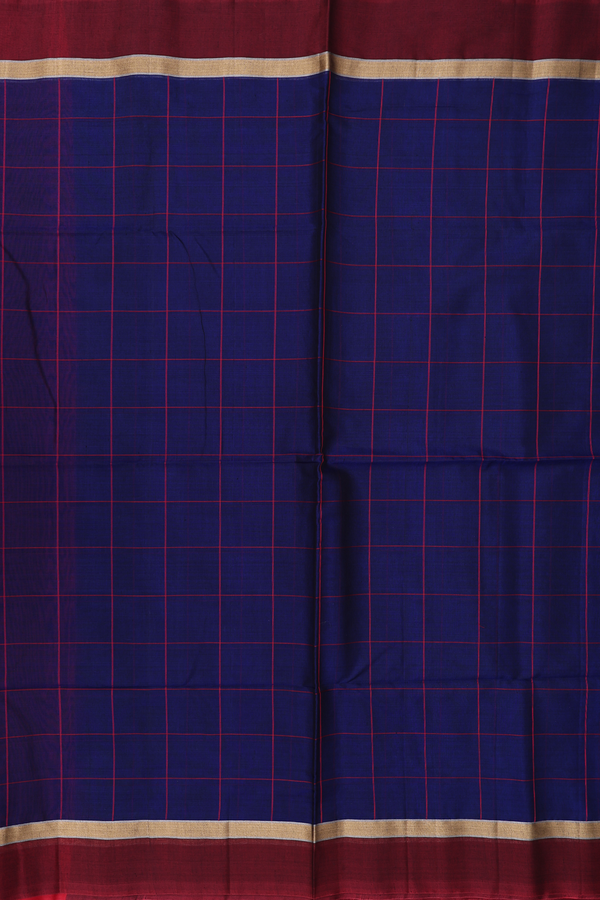 Kora Silk Cotton Saree In Royal Blue With Checks Design