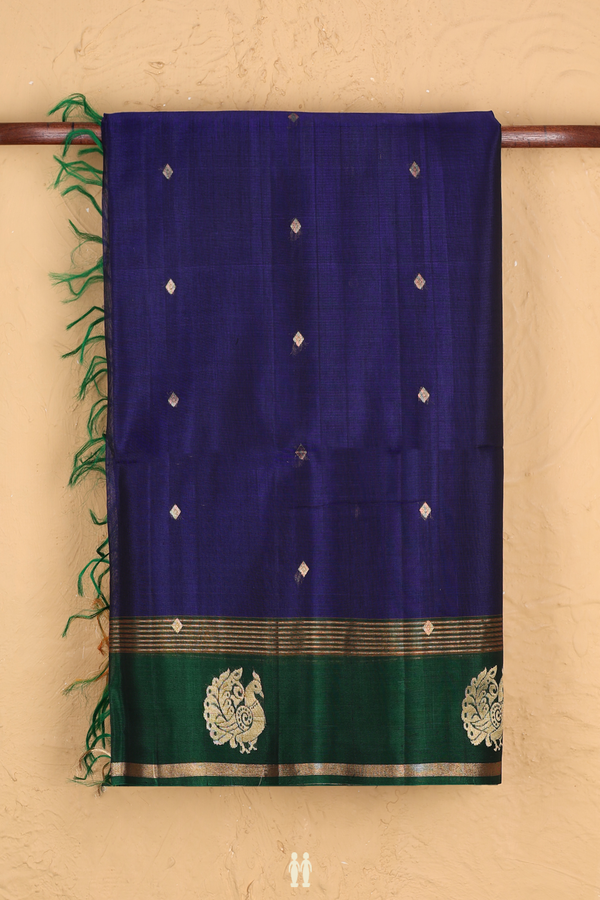 Kora Silk Cotton Saree In Royal Blue With Diamond Buttas