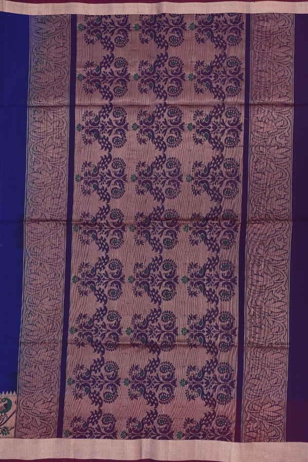 Kora Silk Cotton Saree In Royal Blue With Floral Buttas