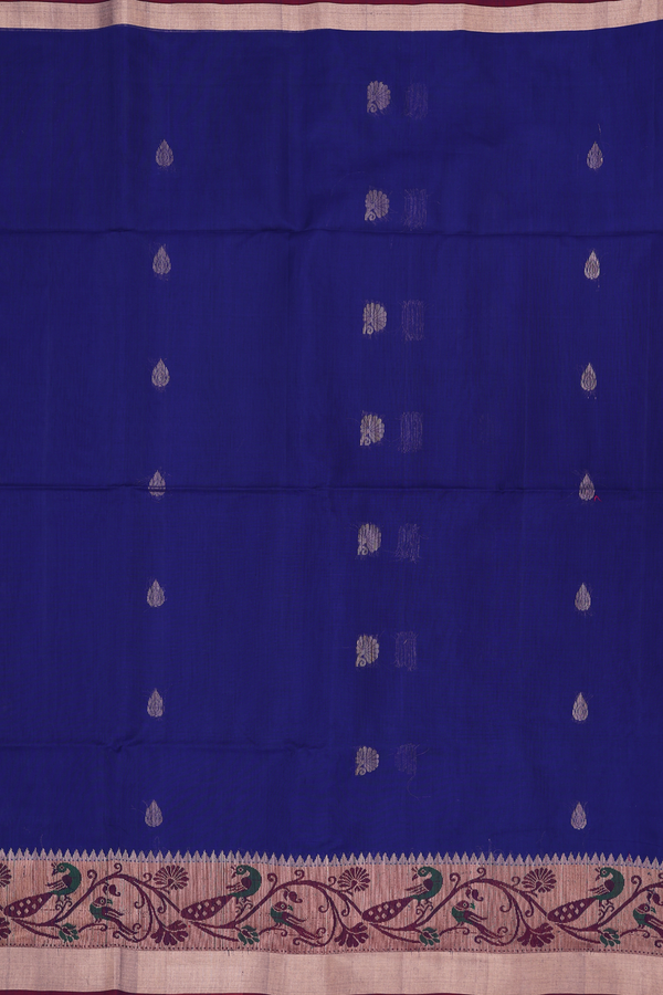 Kora Silk Cotton Saree In Royal Blue With Floral Buttas