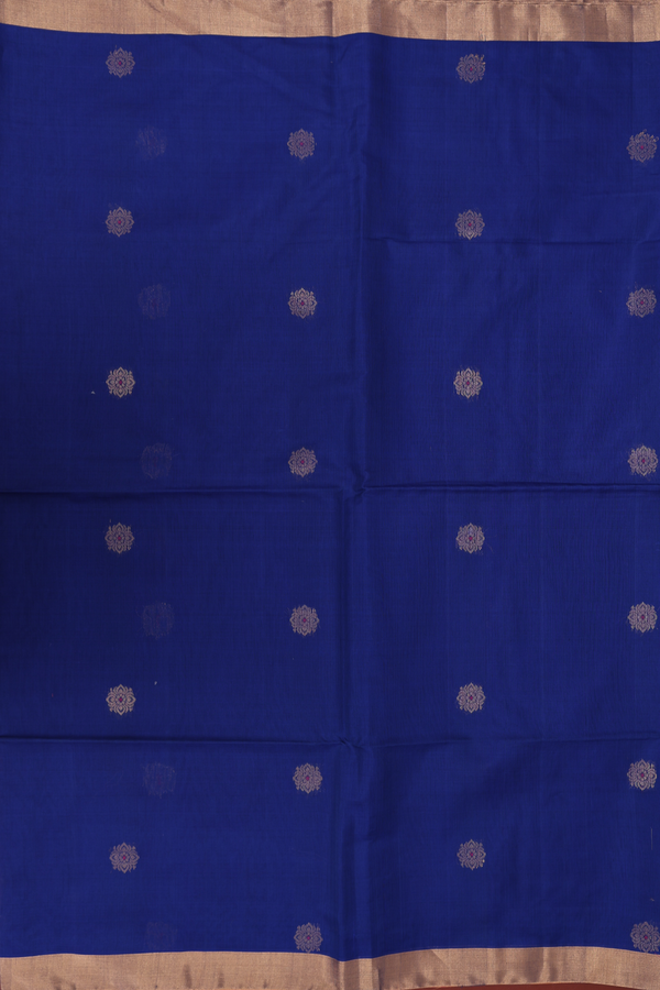 Kora Silk Cotton Saree In Royal Blue With Floral Buttas
