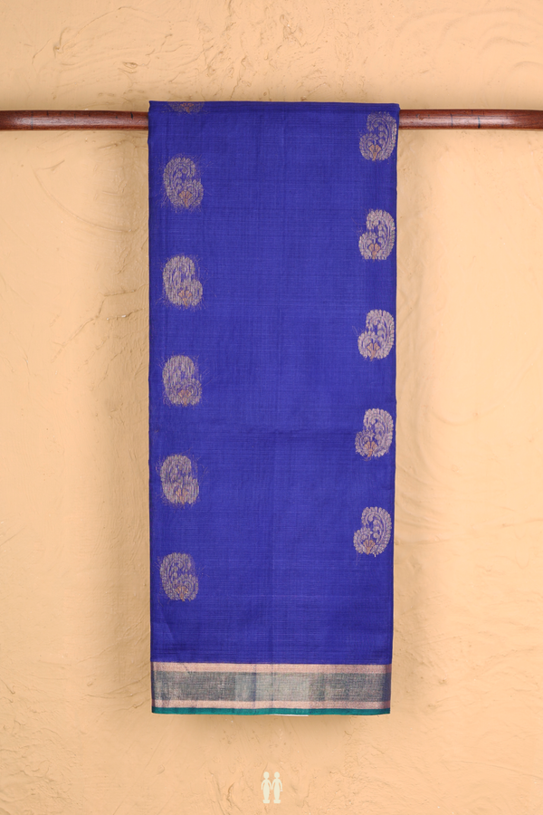 Kora Silk Cotton Saree In Royal Blue With Paisley Buttas