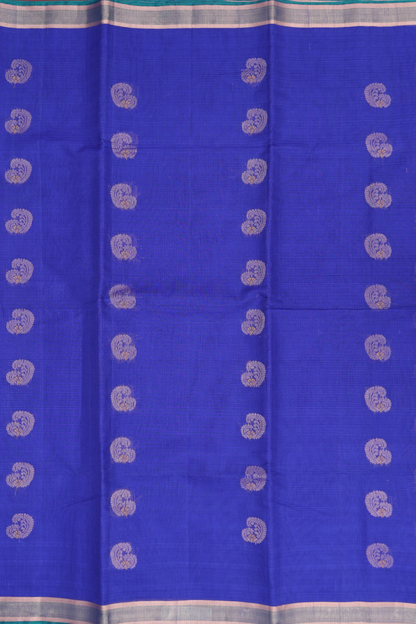 Kora Silk Cotton Saree In Royal Blue With Paisley Buttas