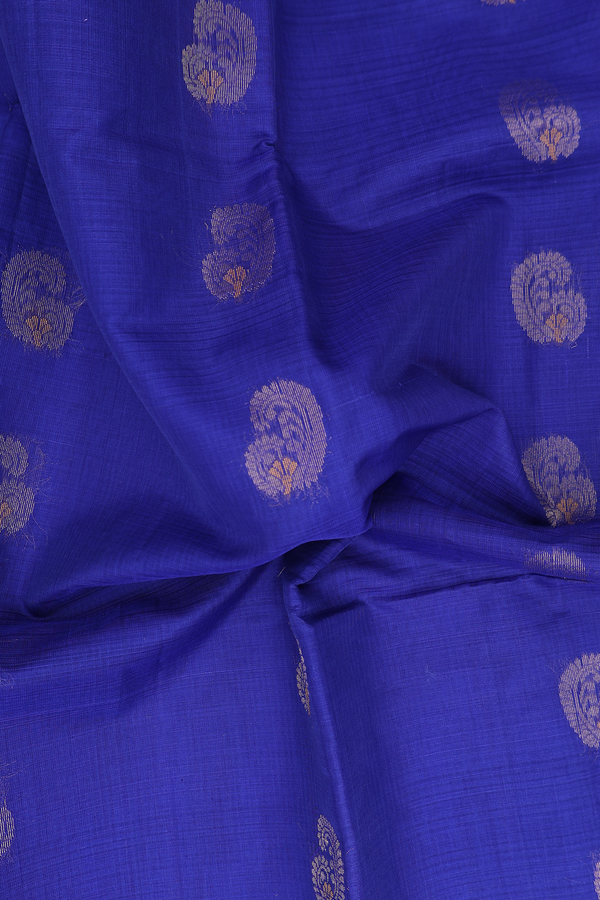 Kora Silk Cotton Saree In Royal Blue With Paisley Buttas