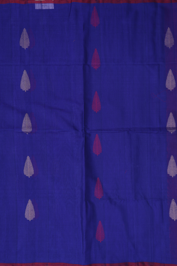 Kora Silk Cotton Saree In Royal Blue With Threadwork Motifs