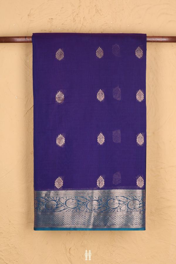 Kora Silk Cotton Saree In Royal Blue With Zari Buttas