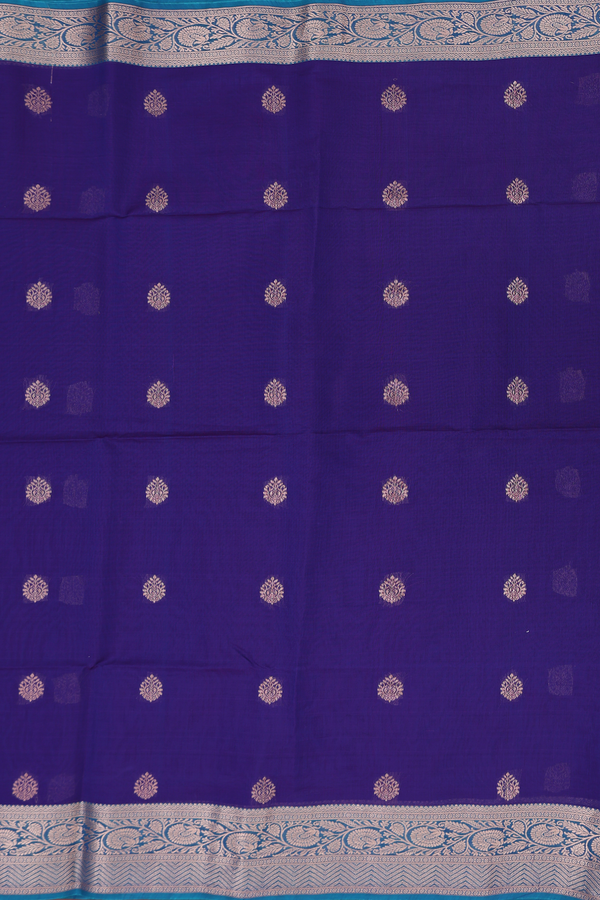 Kora Silk Cotton Saree In Royal Blue With Zari Buttas