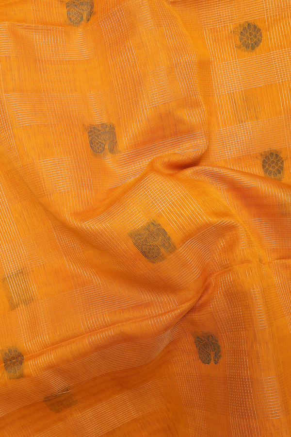 Kora Silk Cotton Saree In Royal Orange With Checks Design