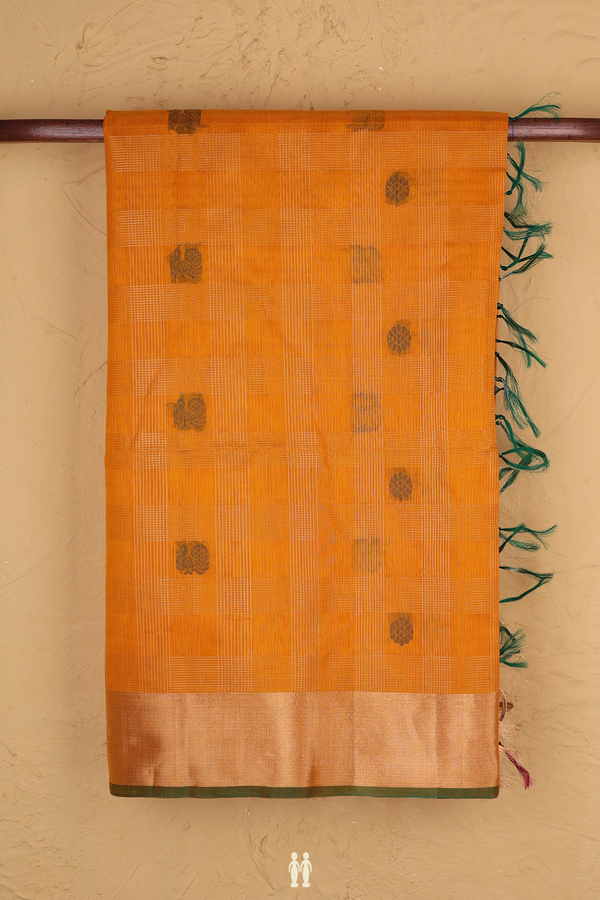 Kora Silk Cotton Saree In Royal Orange With Checks Design