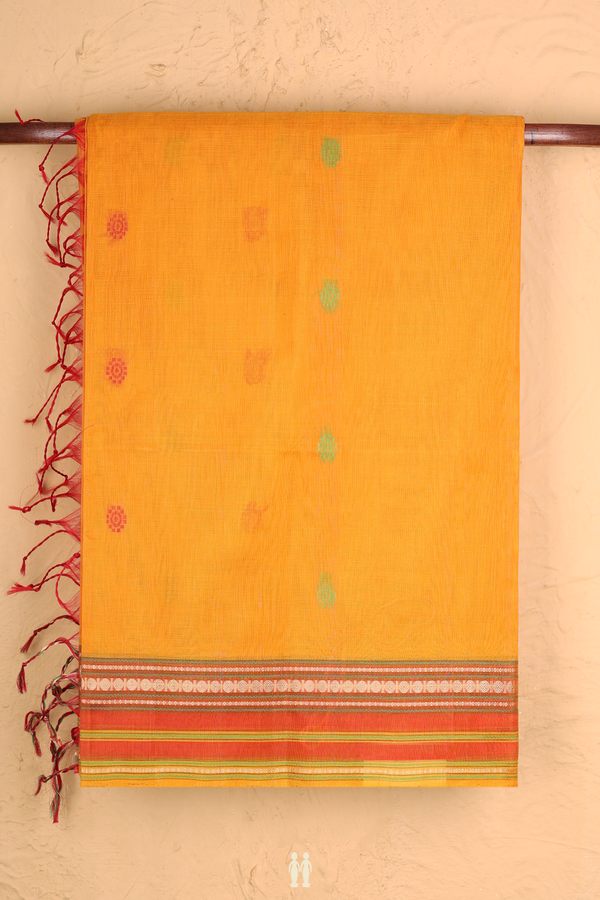 Kora Silk Cotton Saree In Honey Orange With Threadwork Buttas