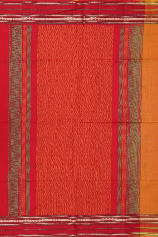 Kora Silk Cotton Saree In Honey Orange With Threadwork Buttas