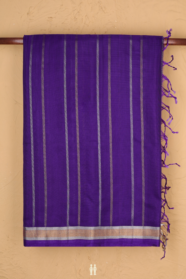 Kora Silk Cotton Saree In Royal Purple With Stripes Design