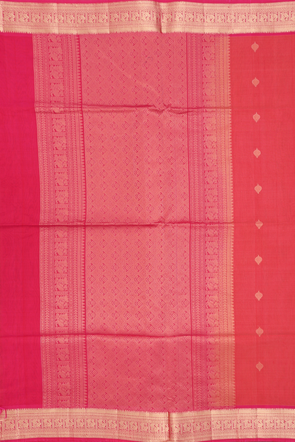 Kora Silk Cotton Saree In Rust Red With Peacock Buttas