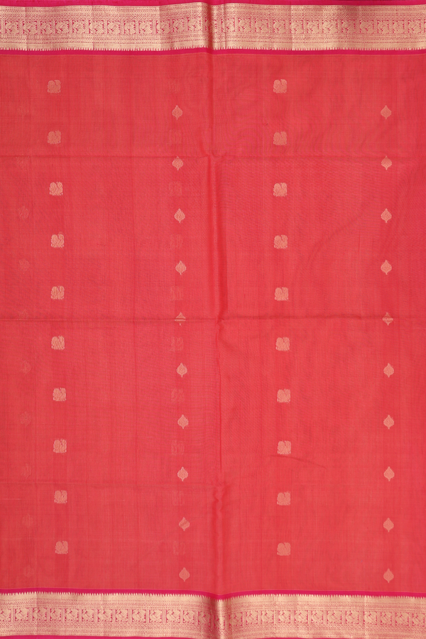 Kora Silk Cotton Saree In Rust Red With Peacock Buttas