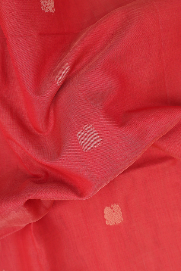 Kora Silk Cotton Saree In Rust Red With Peacock Buttas