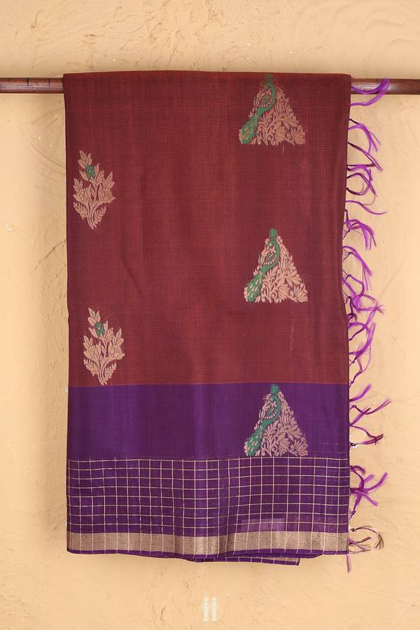 Kora Silk Cotton Saree In Rust Red With Peacock Motifs