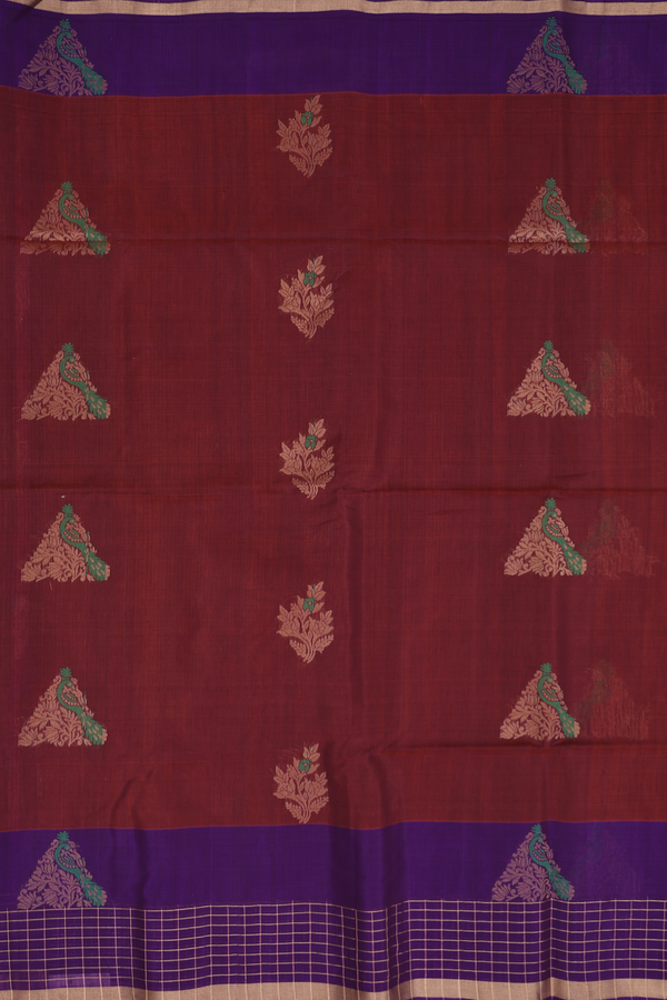 Kora Silk Cotton Saree In Rust Red With Peacock Motifs
