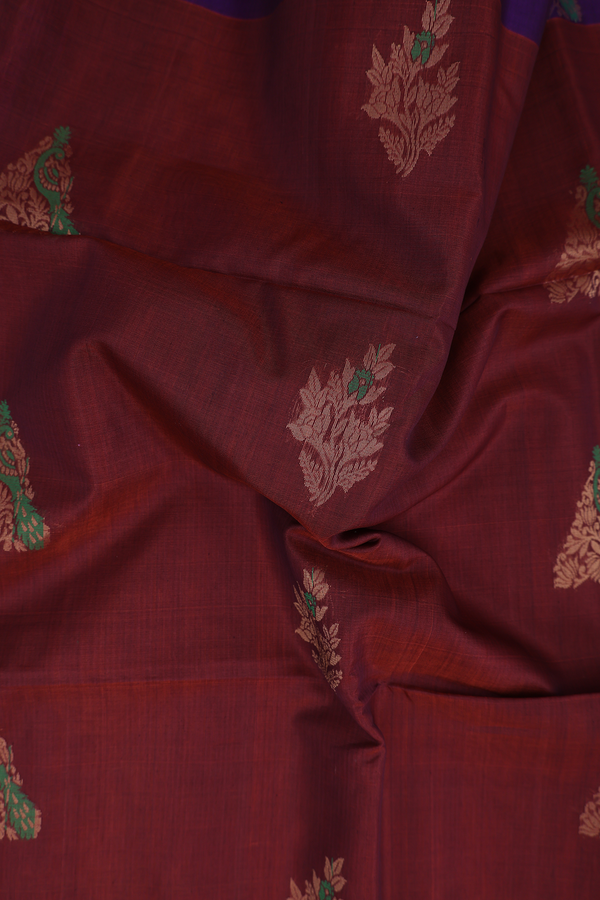 Kora Silk Cotton Saree In Rust Red With Peacock Motifs