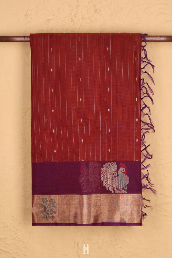 Kora Silk Cotton Saree In Rust Red With Stripes Design