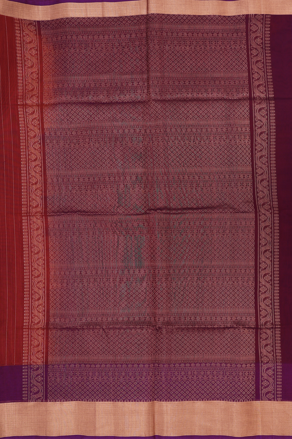Kora Silk Cotton Saree In Rust Red With Stripes Design
