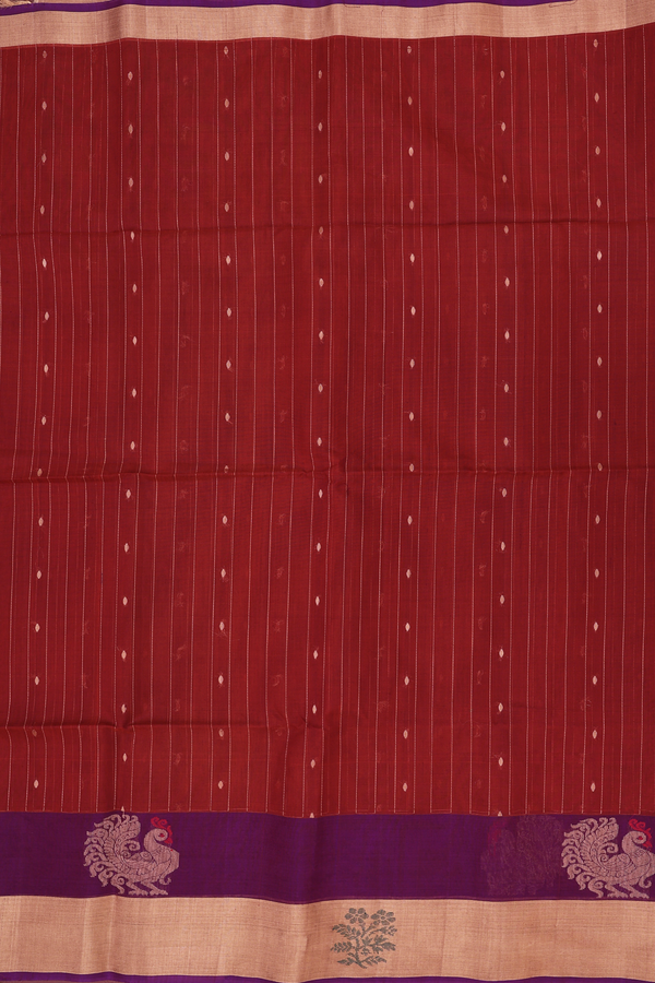 Kora Silk Cotton Saree In Rust Red With Stripes Design