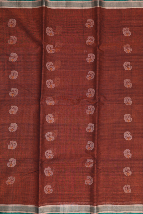 Kora Silk Cotton Saree In Saddle Brown With Paisley Buttas
