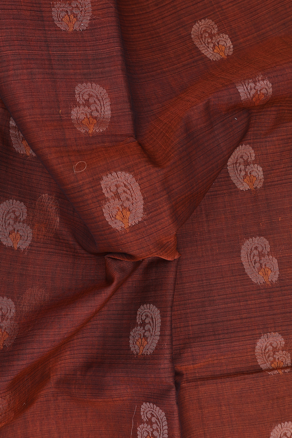 Kora Silk Cotton Saree In Saddle Brown With Paisley Buttas