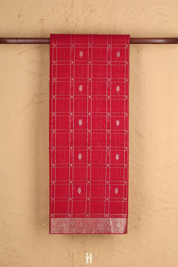 Kora Silk Cotton Saree In Scarlet Red With Checks Design
