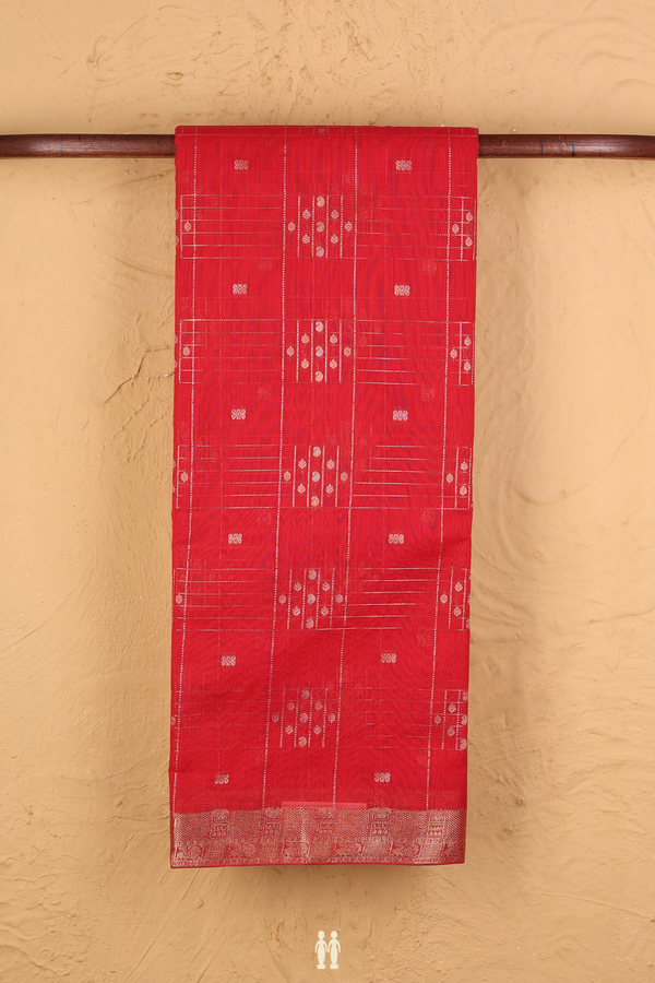Kora Silk Cotton Saree In Scarlet Red With Checks Design