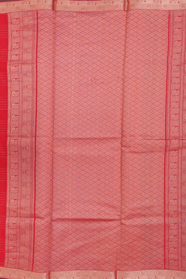 Kora Silk Cotton Saree In Scarlet Red With Checks Design