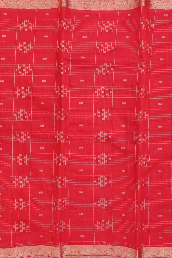 Kora Silk Cotton Saree In Scarlet Red With Checks Design