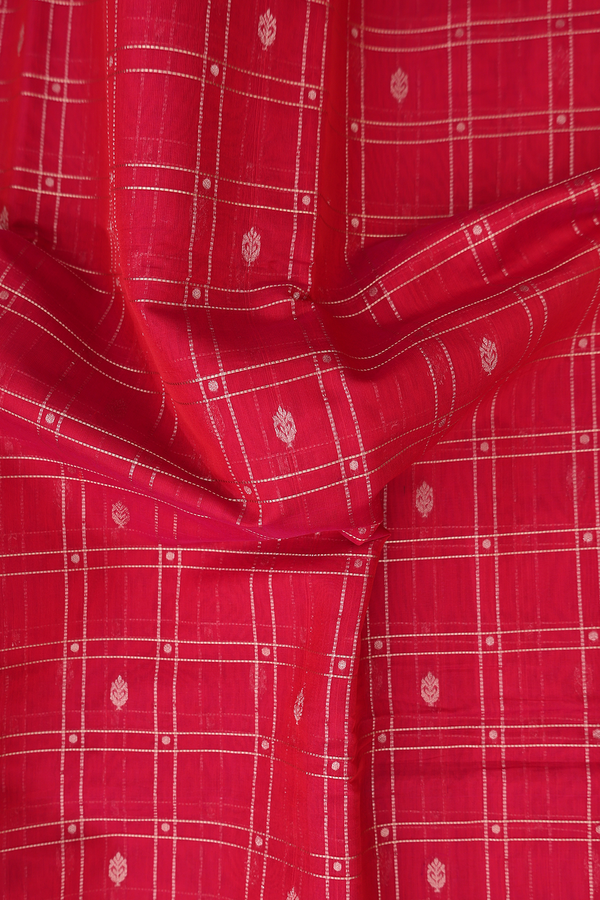 Kora Silk Cotton Saree In Scarlet Red With Checks Design