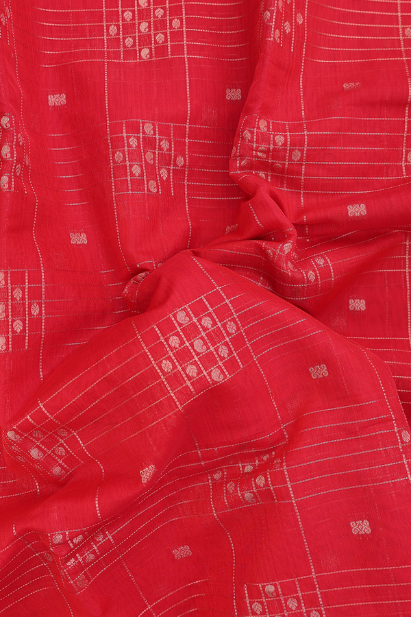 Kora Silk Cotton Saree In Scarlet Red With Checks Design