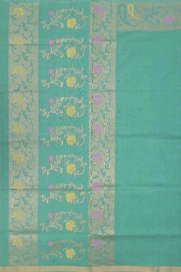 Kora Silk Cotton Saree In Sea Green With Paisley Border