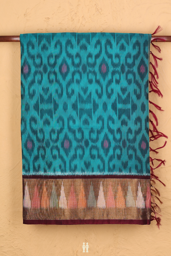 Kora Silk Cotton Saree In Sea Green With Ikat Design
