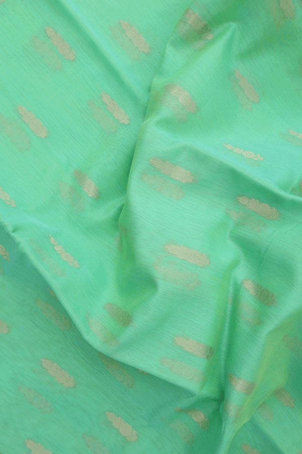 Kora Silk Cotton Saree In Jade Green With Zari Buttas