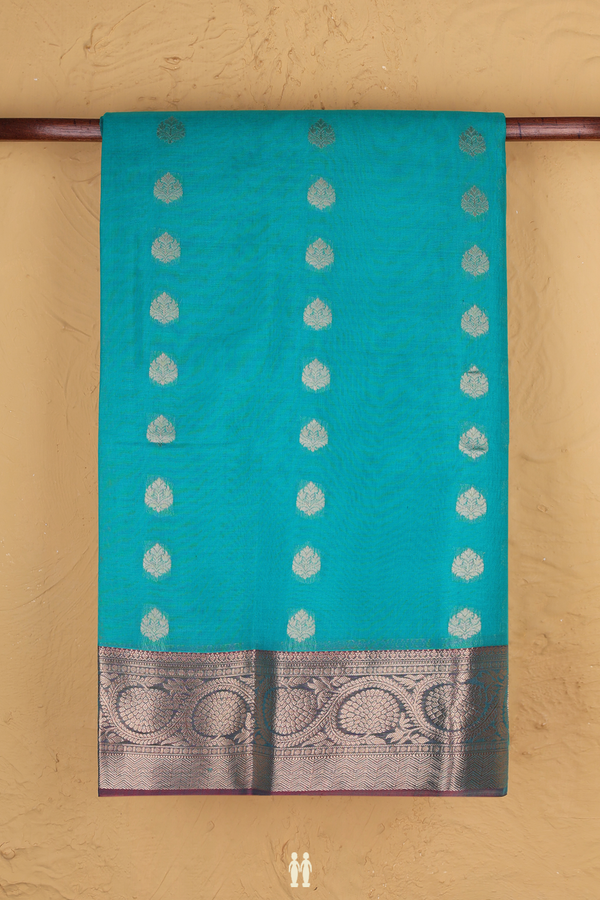 Kora Silk Cotton Saree In Sea Green With Zari Buttas