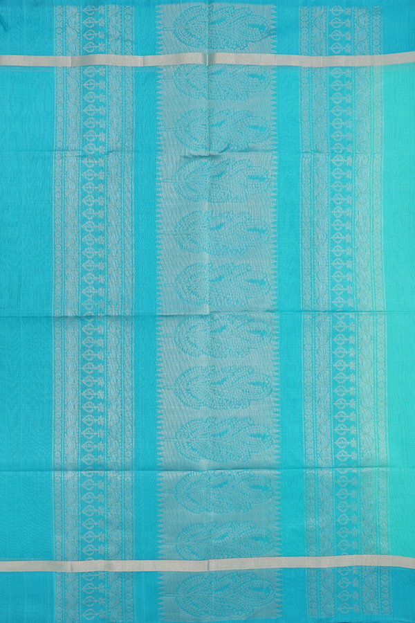 Kora Silk Cotton Saree In Seafoam Green With Floral Motifs
