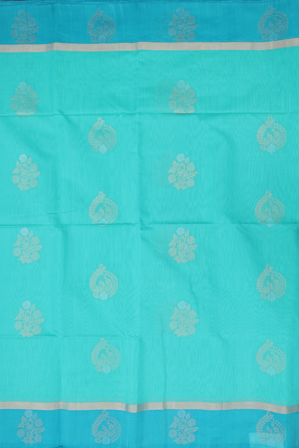 Kora Silk Cotton Saree In Seafoam Green With Floral Motifs