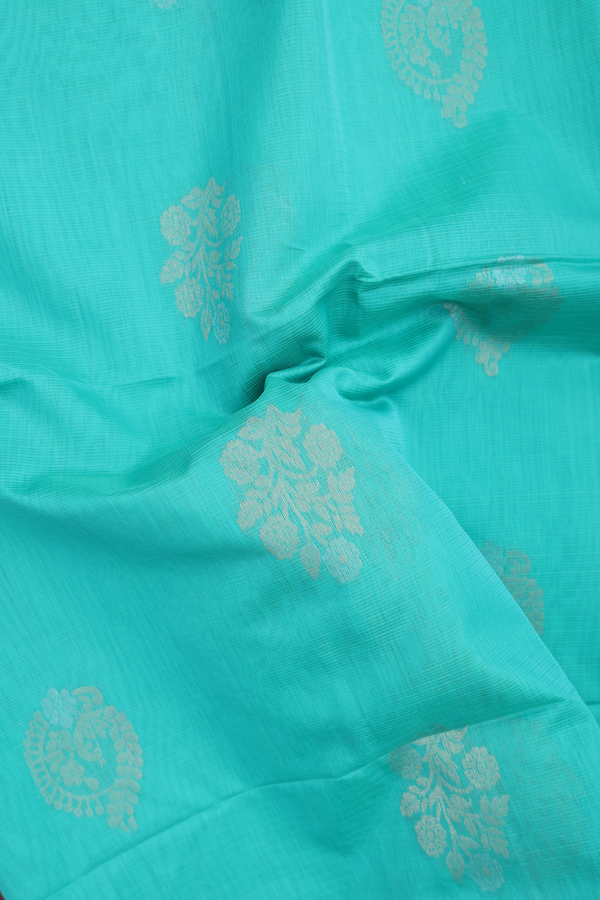 Kora Silk Cotton Saree In Seafoam Green With Floral Motifs